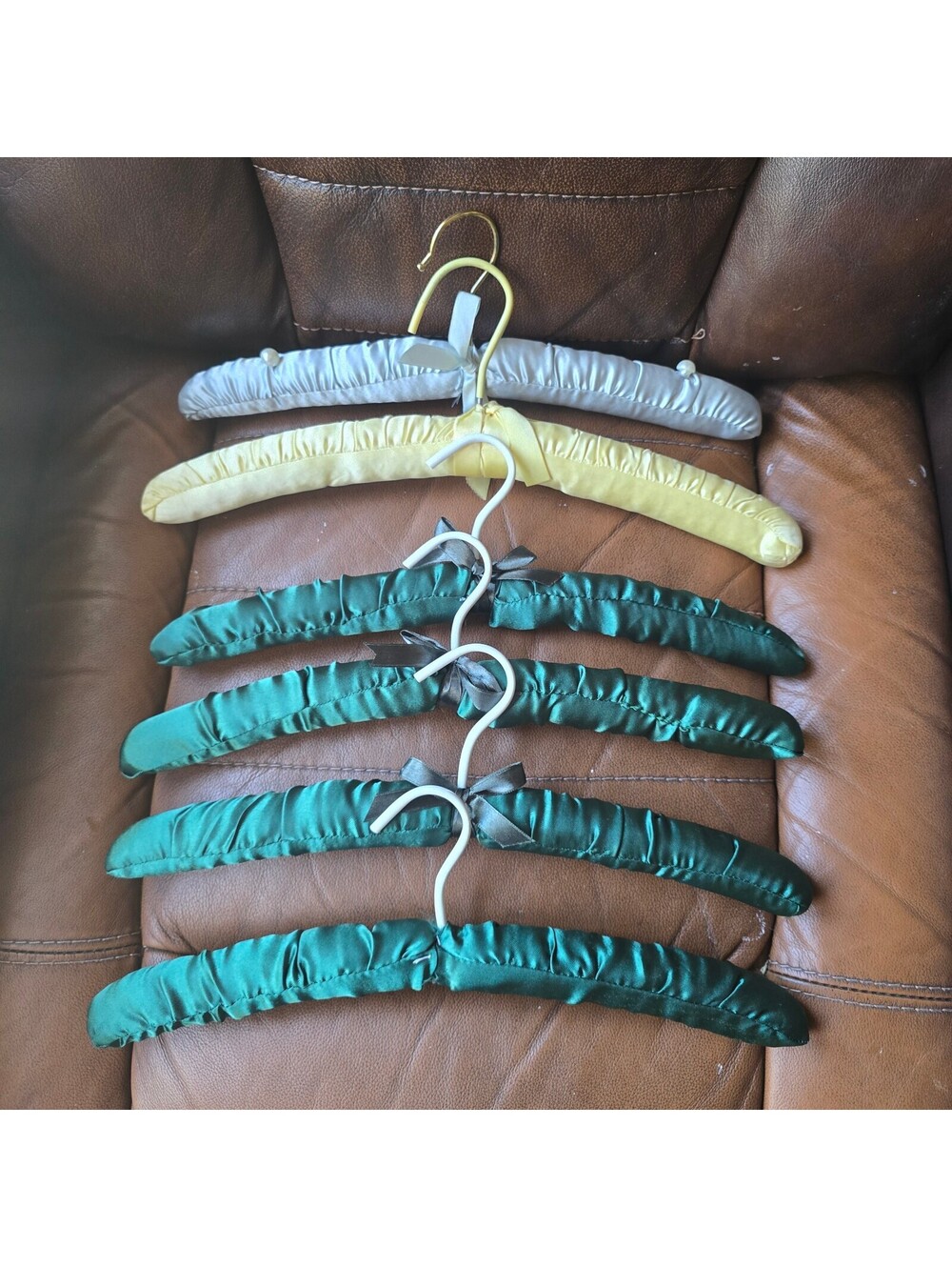 Vintage Satin Padded Clothes Hangers Set of 6 - Emerald Green Yellow Silver